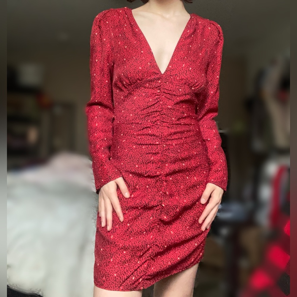 Zara Red V-Neck Ruched Mini Dress - Picture 2 of 3